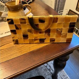 Elegant Brown Checkered Clutch Vintage Faux Tortoise Shell look